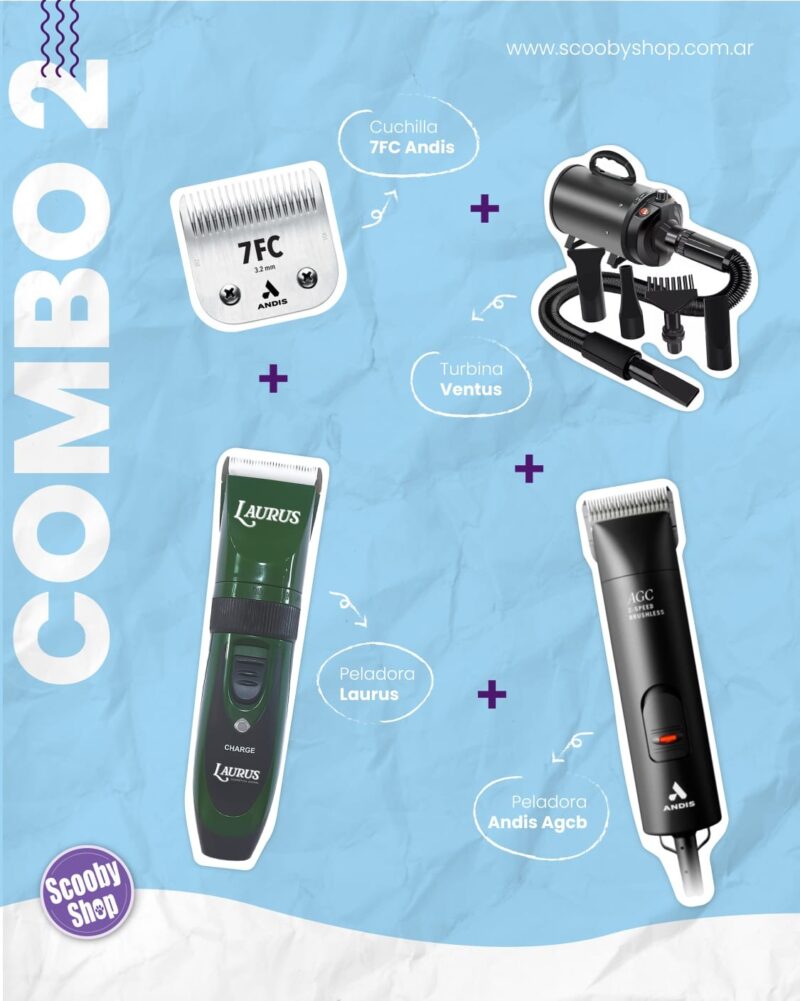 Combo peladora Andis AGCB + cuchilla Andis 7FC + turbina Ventus + peladora Laurus